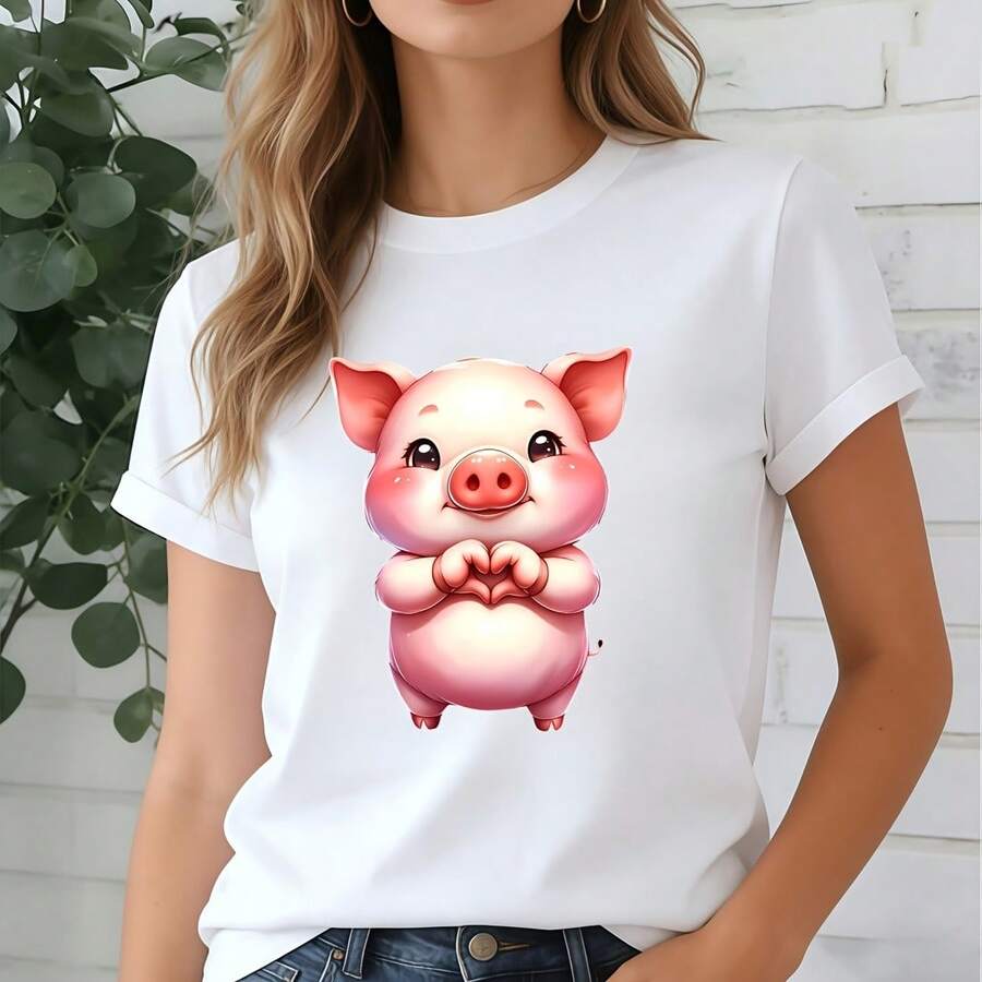 Cute Piggy Heart Hands T-Shirt - Perfect for Gifting, Team Building, And Casual Wear! - Weiss - Übersicht 1