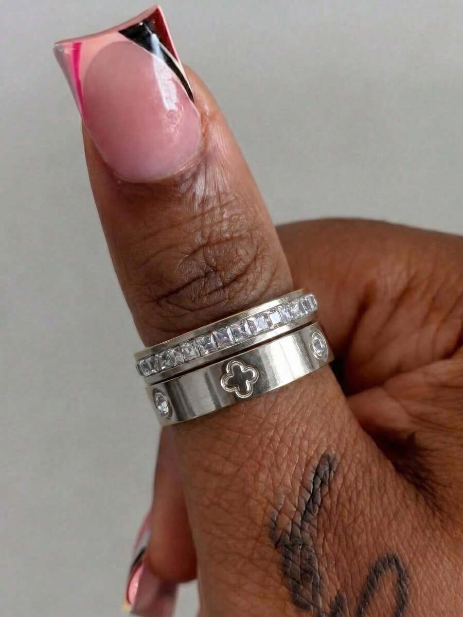 925 Silver Color Ring, Sweet Exquisite High-End Luxury Unique Elegant Jewelry Geometric Design Suitable For Vacation Party Wedding Daily Wear Personalized Copper Micro-Inlaid Synthetic Zirconia Women's Ring - Silver - View 1