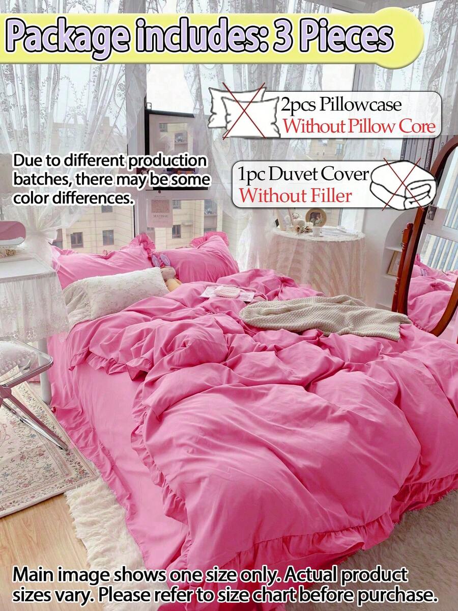 Set Sprei Lembut Ramah Kulit 3pcs Warna Merah Mawar Krem Gaya Feminin dengan Pinggiran Bergelombang, 3 Buah (1*Sprei + 2*Sarung Bantal), Cocok Untuk Kamar Tidur, Kamar Tamu, Semua Musim, Dapat Dicuci dengan Mesin - Rose Red - View 1