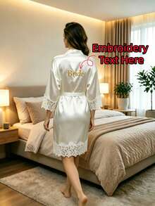 Custom Name Embroidery Satin Kimono Robe Personalized Name Bridesmaid Bride Wedding Getting Ready Morning Robe Lace Patchwork Robe Bridal Party Gift - Multicolor - View 3
