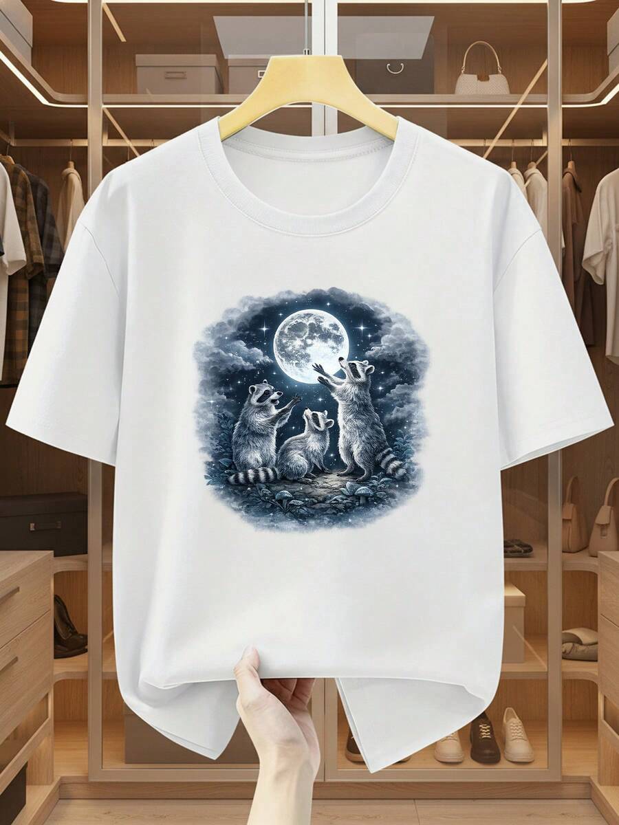 Men's Plus Size T-Shirt 100% Cotton With Print Of Three Raccoons Looking At The Full Moon, Round Neck, Short Sleeve, Comfortable And Casual T-Shirt For Summer. - 白色 - 查看 1