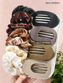 2/9pcs/Set Maillard Color Palette Satin Scrunchie & Claw Clip Hair Accessories Set, Black, Coffee, Brown, Milk Tea, Beige Low Saturation Colors, Versatile & Practical - Suitable For Girls And Women, Perfect For Daily Outings, Parties, Vacations, Dates Or Graduation Season,Claw Clips - Multicolor - View 10