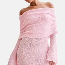 Vestido Mini Tejido Texturizado Azul Claro Sin Hombros, Banda Doblada con Fruncidos, Manga Larga Campana, Corte Ajustado para Citas y Fiestas Nocturnas - rosa - Ver 1