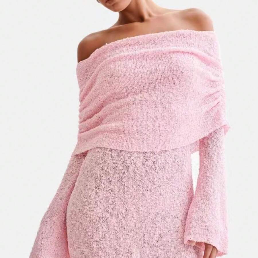 Vestido Mini Tejido Texturizado Azul Claro Sin Hombros, Banda Doblada con Fruncidos, Manga Larga Campana, Corte Ajustado para Citas y Fiestas Nocturnas - rosa - Ver 1