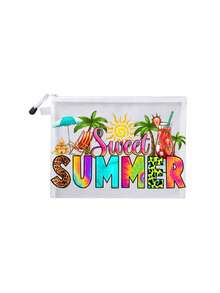 網格托特包套組，印有彩色「Sweet Summer」與遮陽扇、飲料、太陽、椰子樹圖案，網格化妝包，沙灘手提包，休閒度假包，可折疊大容量游泳沙灘包，化妝品收納包，夏季必備，適合學校、度假、假期和返校使用，送給朋友和老師的禮物，理想的返校季禮物 - 彩色 - 查看 13
