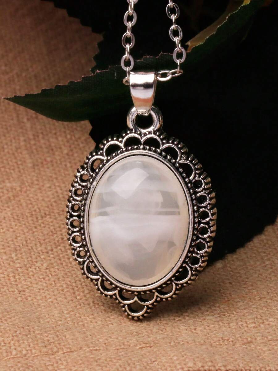 1pc Gold Sandstone Imitation Gemstone Resin Pendant Necklace, Versatile Style For All Seasons, Multiple Colors Available - White - View 1