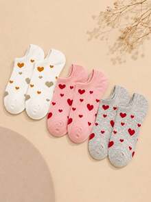 1/5/10 Pairs Women's Heart Pattern Solid Color Boat Socks, Sweet Comfortable Sweat-Absorbing Breathable Invisible Socks, Suitable For Daily Outings, All Seasons, Random Color And Style - Multicolor - View 3