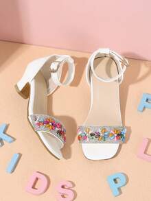 1 Pasang Sandal Hak Tinggi Musim Panas Baru untuk Anak Perempuan, Dekorasi Manik-Manik Warna-warni dengan Rhinestone Perak, Gesper Ujung Persegi Ujung Terbuka Sepatu Putri Manis, Cocok untuk Pesta, Pertunjukan, Belanja, Dipadukan dengan Gaun - Putih - View 5