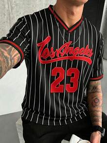 FRACTYR 男士夏季休閒街頭風復古V領T恤，洛杉磯 No.23 細條紋棒球球衣印花，寬鬆透氣親膚短袖休閒T恤 - 紅色 - 查看 4