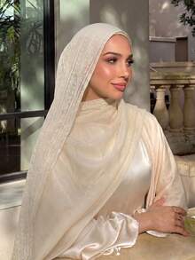 1pc Fashion Long Lace Trim Scarf, Breathable Outdoor Headscarf Shawl, Women's Daily Wear, Clothing Accessory - Beige - View 1
