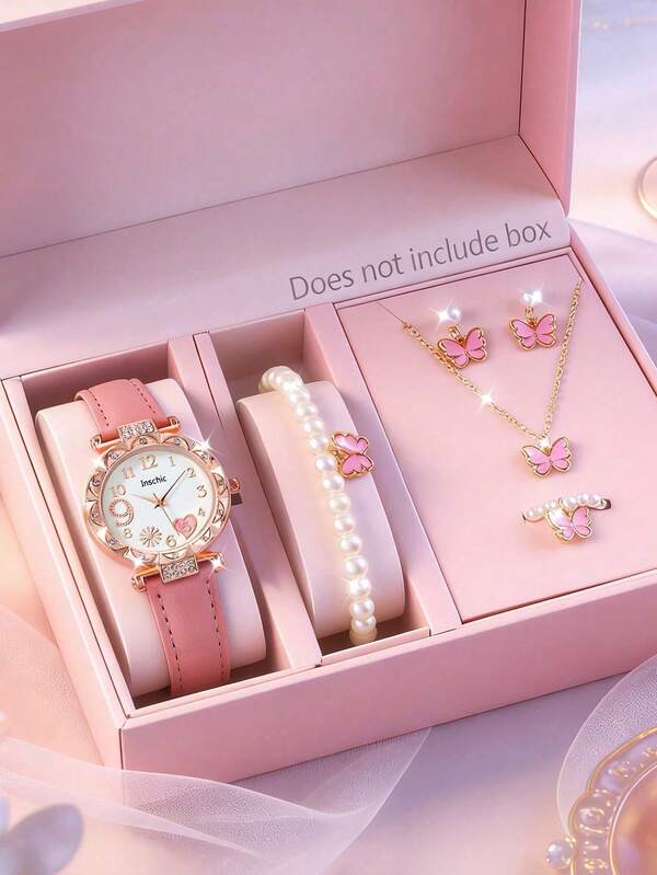 Juego de 5 piezas de reloj y joyería rosa redondo para niña con correa de cuero rosa con strass, reloj de cuarzo + pulsera de perlas, collar, aretes y anillo, estilo dulce y cool Y2K, conjunto de regalo para outfit diario y regreso a clases