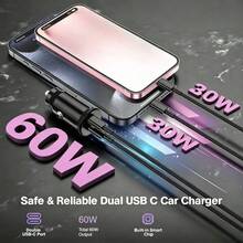 60W USB C 車用充電器－雙孔 PD 30W + 30W 高速快充適配器，超輕巧 USB C 車用充電器附 USB C 傳輸線，相容 iPhone// 等更多機型－黑色 - A - 查看 5