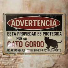 2D Flat - 1pc Funny Fat Cat Warning Sign | Vintage Spanish Poster, Red Border, "Fat Cat Protection" - Heavy Duty Metal Wall Decor (8x12 Inches) - Suitable For Kitchen, Living Room, Office Decoration - Multi-Purpose, Metal Material - Multicolor - View 1