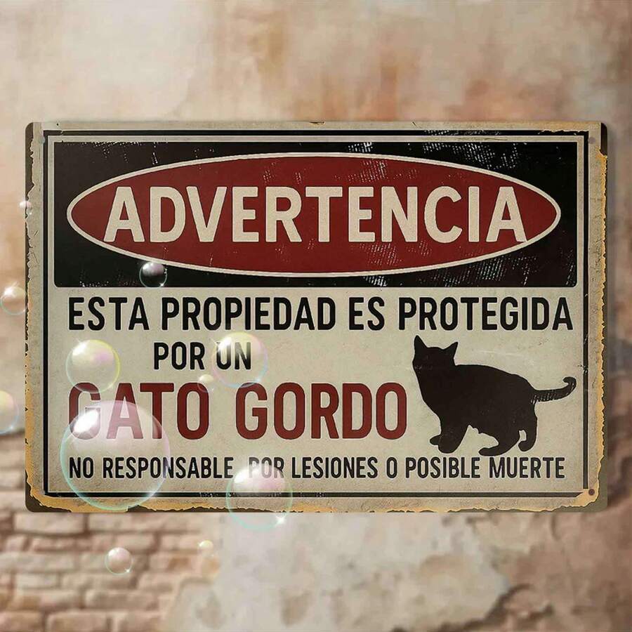 2D Flat - 1pc Funny Fat Cat Warning Sign | Vintage Spanish Poster, Red Border, "Fat Cat Protection" - Heavy Duty Metal Wall Decor (8x12 Inches) - Suitable For Kitchen, Living Room, Office Decoration - Multi-Purpose, Metal Material - Multicolor - View 1