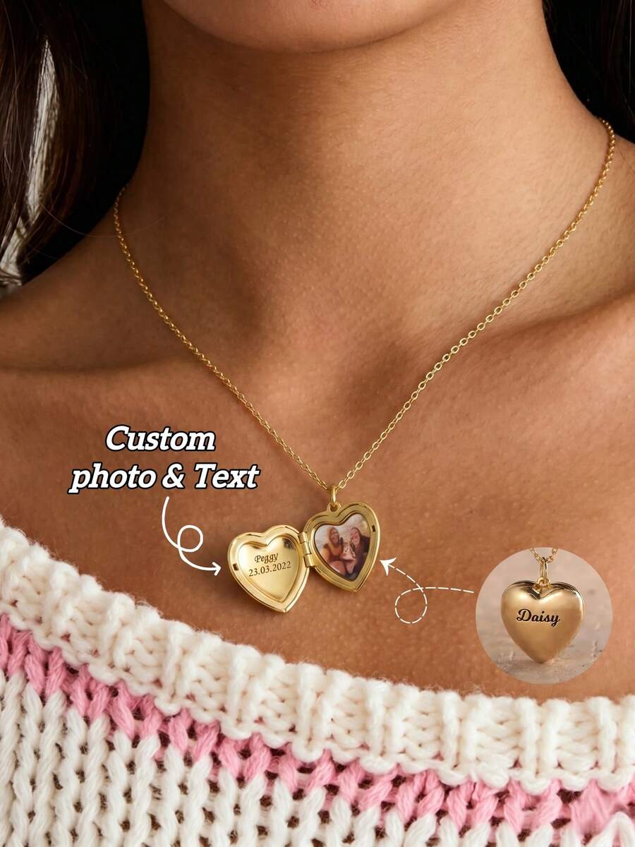 1 Stück personalisierte Vintage-Halskette mit geschnitztem Herz-Fotoanhänger, individuell gravierbarer Name und Liebesworte, Platz für 1-2 Fotos im Inneren, vergoldete Luxus-Schlüsselbein-Kette, exklusiver personalisierter Gedenkschmuck, geeignet als Geschenk zum Valentinstag, Geburtstag und Jahrestag für Freundin, Mutter und beste Freundin, um kostbare Erinnerungen zu bewahren - Fotobox-Halskette - Übersicht 1