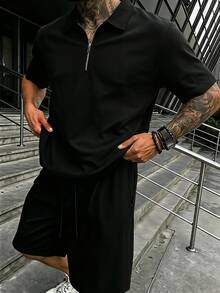 Men's Zipper Special Cut Short T-Shirt Set, Casual Pure Black Outfit, Suitable For Daily Wear And Outdoor Sports - Black - View 3