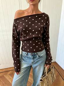 Women's Knitted Off-Shoulder Polka Dot Long Sleeve Pullover Sweater, Suitable For Autumn Wear - Brown - View 4