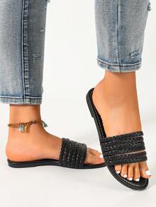 Sandalias tejidas de estilo europeo y americano vintage para mujer, chanclas minimalistas negras de punta abierta y holgadas, zapatos planos versátiles para el uso diario y vacaciones - Negro - Ver 5