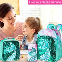 3 Pieces Girls Purple Mermaid Tail Scale Print Reversible Sequin Material Adjustable Straps Cute Style Backpack Set For Back-To-School & Daily Travel - Fish Tail - View 8