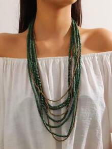 1pc Wood Bead & Glass Bead Bohemian Style Multi-Layer Necklace For Women - Army Green - View 4