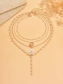 4pcs Luxury High-End Multi-Layer Stacked Collarbone Chain Fashion Shell Drip Glaze Flower Pendant Y-Shaped Long Necklace Charming Women's Neck Jewelry Suitable For Daily Wear And Party Music Festival Gathering Chain Cut By Length With Variable Number Of Sections - Multicolor - View 2
