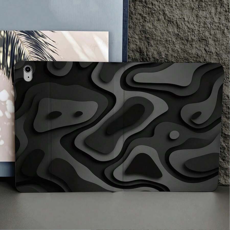 1件裝黑灰色抽象波浪印花平板保護殼,附筆槽,相容 iPad 10代 Smart Case/Air 13(M3 2025)/Air 11/11(A16 2025),相容 Oppo Pad、 Matepad、Vivo Pad、Honor Pad、Xiaoxin Pad - 彩色 - 查看 1