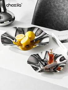 choxila 1 pièce Plateau décoratif en acier inoxydable avec design de feuille de lotus, plat de rangement incurvé en forme de pétale pour collations et bijoux, plateau de rangement multifonctionnel pour la décoration du salon et l'usage quotidien à la maison - Plateau - Voir 4