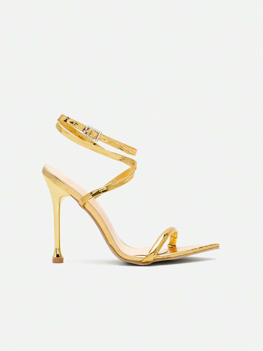 CHICVUE Sandalias de tacón de aguja con correa de color dorado, sexy para desfile de modas, discoteca y fiesta - Dorado - Ver 1