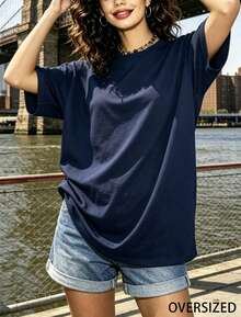OVERSIZED-Women's 100% Cotton T-Shirt-Available In Multiple Colors,Suitable For Sports And Casual Wear-Summer Clothing-Summer Must Have-Women's Gift - 藏蓝色 - 查看 2