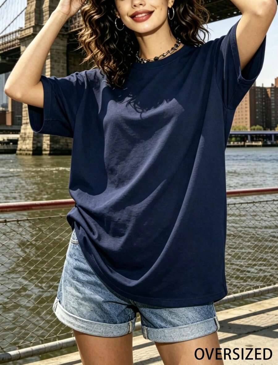 OVERSIZED-Women's 100% Cotton T-Shirt-Available In Multiple Colors,Suitable For Sports And Casual Wear-Summer Clothing-Summer Must Have-Women's Gift - 藏蓝色 - 查看 1