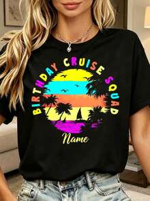 Women's Plus Size Vintage Short-Sleeved T-Shirt With Printed Design And Text, Ideal For Birthdays, Cruises, Parties And The Summer Season, 220g, Summer Tops. - Black - View 1