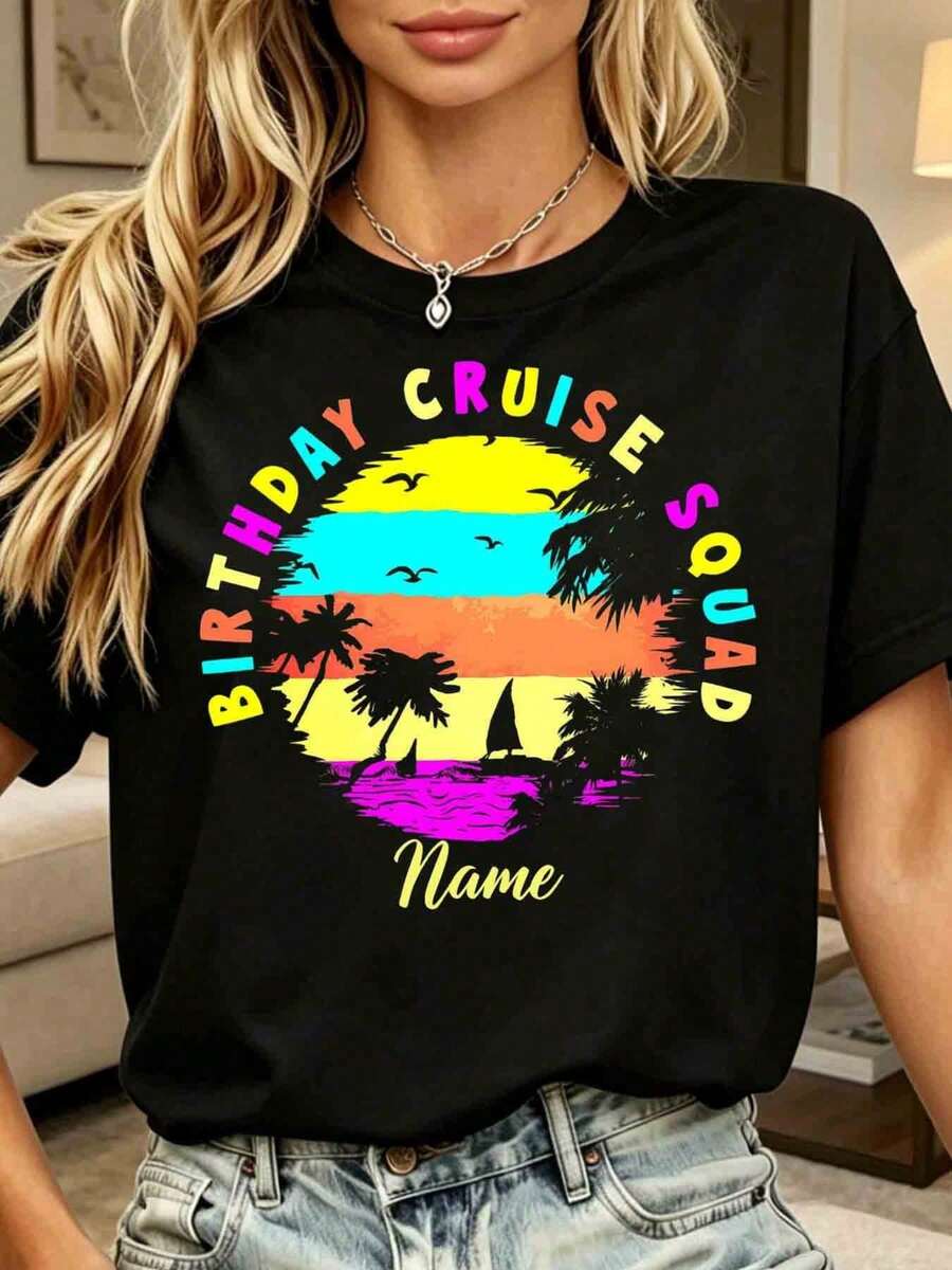 Women's Plus Size Vintage Short-Sleeved T-Shirt With Printed Design And Text, Ideal For Birthdays, Cruises, Parties And The Summer Season, 220g, Summer Tops. - Black - View 1