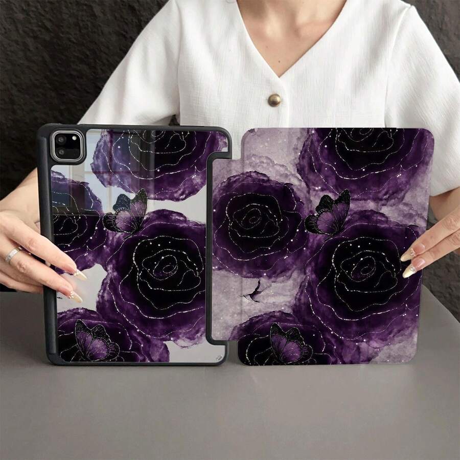 1件深紫色玫瑰與蝴蝶印花平板保護殼,附筆槽,相容於 iPad 10.9/10.2/Air 5th Gen/Pro11/10th/9.7/Air 2/(7th Gen)/(8th Gen)/Air 4/5/Pro 11/10th Generation 10.9-Inch 2022 智能保護殼/Air 13(M3 2025)/Air 11(M3 2025)/Air 11(M3 2025)/11(A16 2025),相容於 Matepad - 彩色 - 查看 1