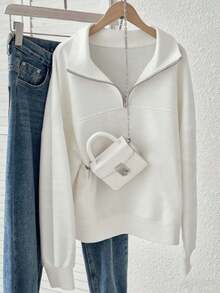 Women'S Casual Zip-Up Hoodie With Stand Collar&Long Sleeve, Loose Fit, Fall/Winter Fashion, Autumn Winter Apparel | Relaxed Fit Hoodie | Construction - 白色 - 查看 3