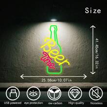 1pc Beer Time Neon Light, LED Wall Lighting, Home Wall Decor, Bar Atmosphere Neon Light, Party, Birthday Gift - Green, Lemon Yellow, Rose Red - View 1
