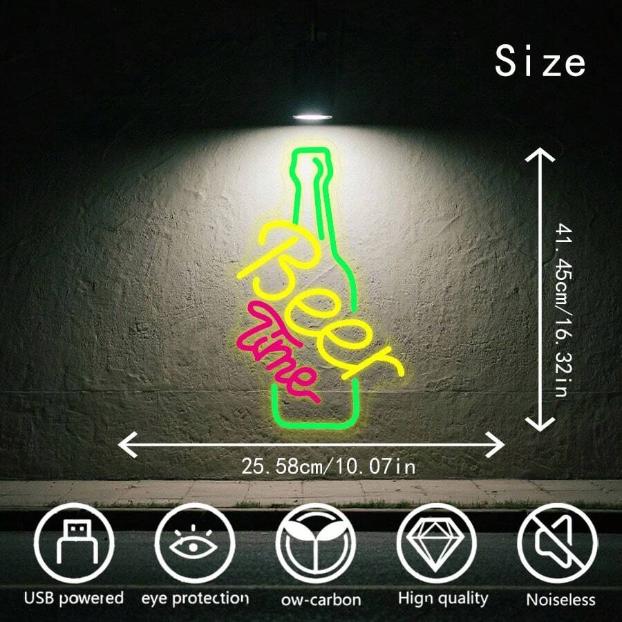 1pc Beer Time Neon Light, LED Wall Lighting, Home Wall Decor, Bar Atmosphere Neon Light, Party, Birthday Gift - Green, Lemon Yellow, Rose Red - View 1
