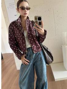 Women's Polka Dot Utility Jacket, Sexy Waist-Cinching Short Jacket, Small Stand Collar, Casual Layering Versatile Retro Motorcycle Jacket Vacation - Brown With White Polka Dots - View 10