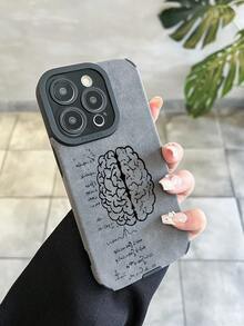 1個灰色仿皮革紋理大腦線條藝術印花手機殼，全覆蓋鏡頭防摔保護軟殼，適用於 11/11PRO/11promax/12/12PRO/12promax/13/13promax/14/14PRO/14promax/15/15PRO/15paomax//16/16PRO/16pamx/17/17PRO/17PROMAX所有系列Apple機型，情侶與好友的百搭保護殼禮物 - 深灰色 - 查看 3