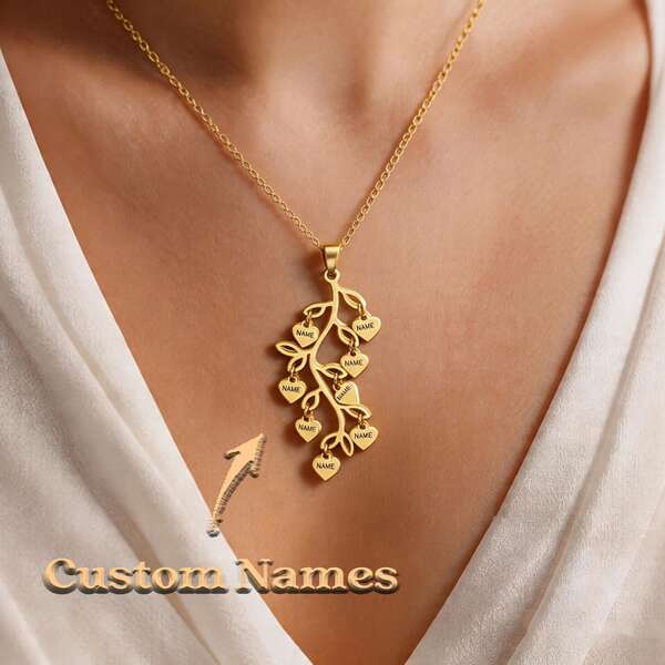 Custom 1-8 Names Stainless Steel Necklace Family Heart Tree Pendant, Waterproof & Rustproof, Mother'S Day Gift For Mom/Wife/Friend Daily & Formal Wear