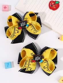 2 piezas de pinzas para el cabello con lazo de vuelta a la escuela, pinzas de cocodrilo, decoración de patrón de regla & mini pizarra, barretas de cinta de satén, accesorios de cabello casuales para niñas y niños - Multicolor - Ver 7