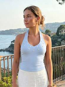 Women's Summer Halter Neck Tops Button Front Decor Sleeveless Tank Backless Slim Fit Summer Blouse - Sky Blue - View 5
