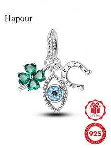 Colgante de plata de ley 925 con trébol de cuatro hojas, ojo azul y herradura, adecuado para pulsera y collar original, joyería DIY para mujer, regalo de cumpleaños - Plateado - Ver 1