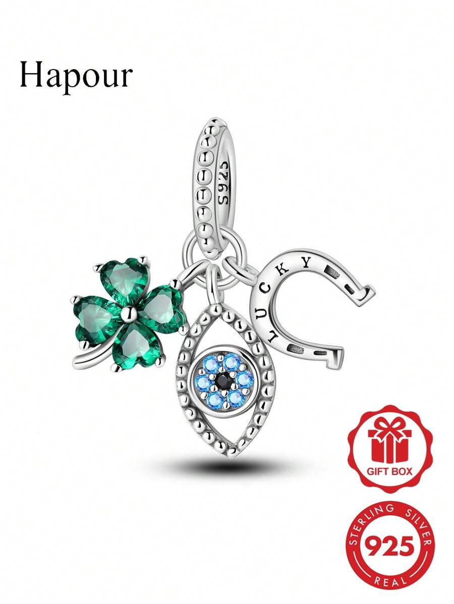 Colgante de plata de ley 925 con trébol de cuatro hojas, ojo azul y herradura, adecuado para pulsera y collar original, joyería DIY para mujer, regalo de cumpleaños - Plateado - Ver 1