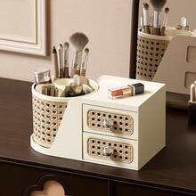 Retro Rattan Style Rotating Pen Holder With Drawers, Multi-Functional Desk Organizer For Stationery, Cosmetics & Small Accessories, Ideal For Office, Bedroom & Home Use - View 8