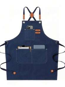 1 Pack Chef Apron, Unisex With Large Pockets, Cotton Canvas Cross Back Straps, Thickened Durable, Adjustable - Navy Blue - View 1