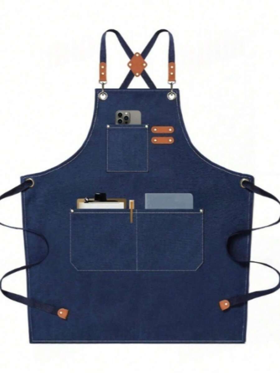 1 Pack Chef Apron, Unisex With Large Pockets, Cotton Canvas Cross Back Straps, Thickened Durable, Adjustable - Navy Blue - View 1