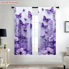2 PIEZAS Cortinas Semitransparentes con Estampado Floral y Mariposa Púrpura. Bolsillo para Barra sin Taladro, Fácil de Instalar y Deslizar Suavemente. Tela de Poliéster, Secado Rápido, Lavable a Mano y a Máquina. Perfecto para Dormitorio, Sala de Estar, Decoración de Cocina y Divisores de Habitación. - Multicolor 1 - Ver 6