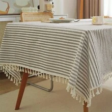 1 PC Striped Rectangular Tassel Tablecloth, Japanese INS Style Minimalist Round Table Atmosphere Dining Tablecloth, Washable Dustproof And Stain-Resistant Tablecloth, Suitable For Dining Table, Bar, Coffee Table, Outdoor Picnic Tablecloth, Party Decoration Tablecloth - Multicolor - View 6
