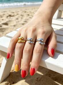 Summer Beach Fluid Asymmetric Water Drop Design Combination Rings, Metallic Gold & Silver Contrast Color, Adjustable Finger Rings, Shiny Metal Versatile Jewelry Gift, Random Style And Color - Multicolor - View 2