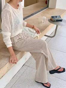 Pantalones holgados de cintura alta con rayas y pierna ancha, cintura con cordón, versátiles (rayas aleatorias) - Café integral - Ver 3